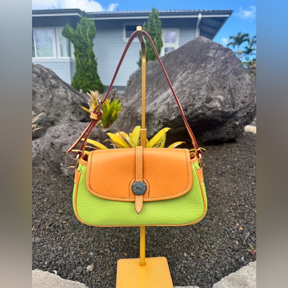 Dooney & Bourke (Made in Italy) Leather Shoulder Bag Lime Green & Tan RARE